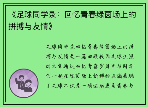 《足球同学录：回忆青春绿茵场上的拼搏与友情》